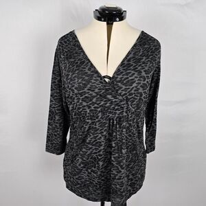 Avenue Blouse Women's 14 / 16 Black Leopard Print Wrap V-Neck Long Sleeve Ruffle